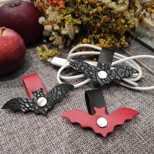 Leather Cord Holder bat  Earphone wire organizer personalised earpiece holder  Earphone holder leather Christmas Gifts Gift for Halloween