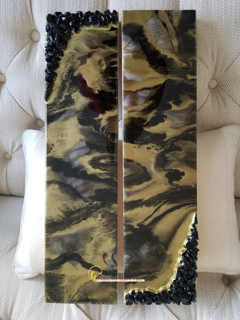 Gorgeous Black and Gold Resin Painting Diptych Artwork