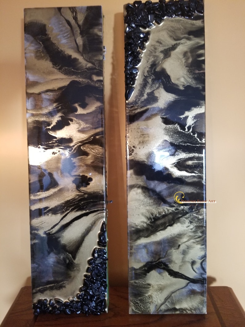 Gorgeous Black and Gold Resin Painting Diptych Artwork
