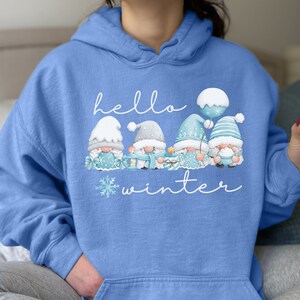 May include: A light blue hoodie with a graphic of four gnomes wearing winter hats and scarves. The gnomes are holding a balloon, a gift, and a cup of hot cocoa. The text "hello winter" is printed on the hoodie.