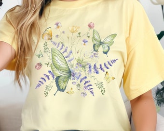 Butterfly Shirt Comfort Colors, Cottagecore Shirt, Boho Wildflower Shirt, Gift for Her, Butterfly Lover Gift, Plant Shirt, Floral Shirt