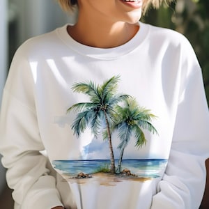 Palm Tree Sweatshirt, Palm Beach Sweatshirt, Watercolor Beach Unisex Crewneck, Beach Lover Sweatshirt, Palm Tree Sweater Beach Pullover
