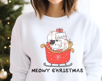 Meowy Christmas Sweatshirt, Happy Cat Year Shirt, Funny Christmas Cat Shirt, Cute Cat Christmas Sweater, Cat Lover Christmas Shirt Pullover