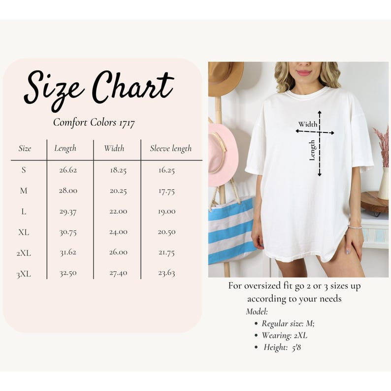 May include: Size chart for a white t-shirt with measurements in inches. The chart shows the length, width, and sleeve length for sizes S, M, L, XL, 2XL, and 3XL. The chart also includes a note about oversized fit and a model wearing the shirt.