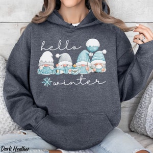 May include: Dark heather grey hoodie with a graphic of four gnomes wearing blue winter hats and scarves. The gnomes are holding gifts and a balloon. The text "hello winter" is printed below the gnomes with a snowflake.