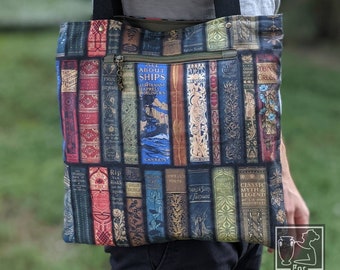 BOOK TOTE BAG | Canvas Library Tote | Handmade Market Bag | Eco Friendly Reusable Shopping Bag | Librarian Gift  Horror Jane Austen Classics