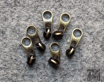 ANTIQUE GOLD BRONZE Zipper Pull, size 3 | 25, 10, 5, & 1 Count | Bag Making Sewing Supplies | Nylon | Round Pull Pop Tab | Brushed