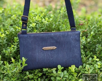 Navy CORK CROSSBODY BAG for women w/ Adj Strap | All Natural Eco-Friendly Minimalist Purse | Recycled Sustainable Vegan Gift Cruelty Free