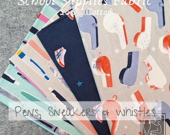 SCHOOL SUPPLIES Fabric Sneakers Pens Whistles Sports | Ruby Star | By the Yard | 100 percent Cotton Woven | Quilting | Craft Sewing USA Kid