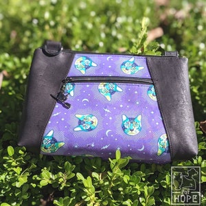 TULA PINK Crossbody w/ Adj Strap | Rainbow Cat Rose PURSE | Sustainable Material | Vegan Gift | Eco-Friendly Cork Bag | Curiouser Wonderland