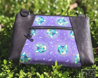 TULA PINK Crossbody w/ Adj Strap | Rainbow Cat Rose PURSE | Sustainable Material | Vegan Gift | Eco-Friendly Cork Bag | Curiouser Wonderland