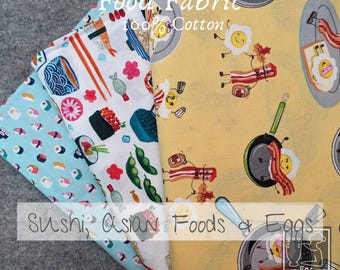 Food Fabric | Japan Sushi Roll Ramen Noodles | Eggs Bacon Breakfast | By the Yard | 100 percent Cotton Woven | Quilting | Craft Sewing usa