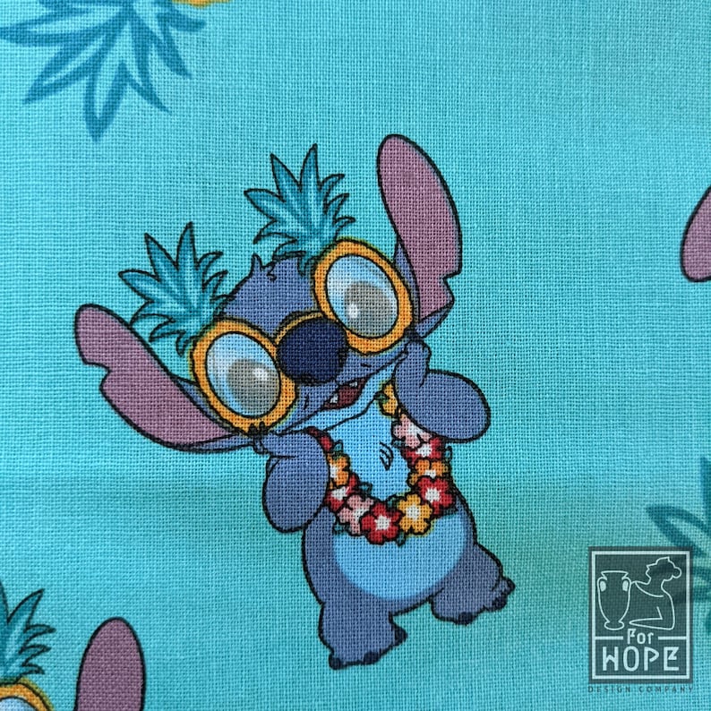 May include: A blue cartoon character with large eyes and a lei, wearing yellow sunglasses and a pineapple on its head. The character is on a turquoise background with a white and green leaf pattern.