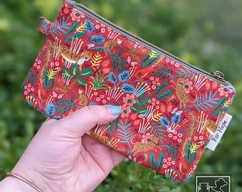 RIFLE PAPER CO Wristlet Zipper Pouch | Red Tiger Pencil Case w/ Keychain Fob | Menagerie Makeup Bag | Gift Girl Mom Wife | Waterproof Lining
