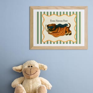 Incluso los héroes descansan - Arte de pared de superhéroe cachorro para habitación de bebé / Impresión para habitación de niño / Póster infantil a rayas / Tamaños A4 / A3 / Impresión a pedido