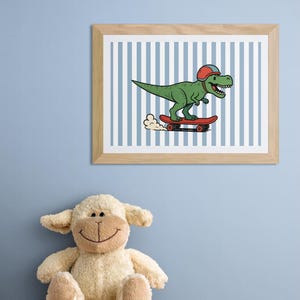 Lámina infantil de patineta T-Rex - Arte mural de rayas azules para habitación de niño / Póster infantil de dinosaurios / Impresión A4 / A3 / Decoración de sala de juegos / Impresión a pedido