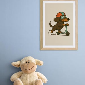 Scooter Dog Nursery Print - Cool Dachshund Wall Art | Boys Room Poster with Helmet & Sunnies | A4 / A3 | Kids Room Decor | Print on Demand