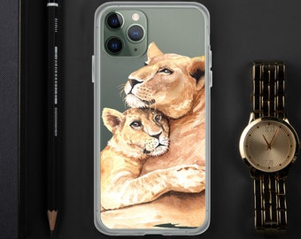 Watercolour Lion & Baby - iPhone Case Gift - iPhone 7 - iPhone 11 Pro Max - Lion Art Gift - Animal Cover - Baby Animal Phone Case