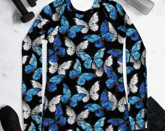 Blue Butterfly Women's Rash Guard - Blue Rash Guard - Butterfly Rash Guard - Butterfly Gift - Animal Swim Shirt - Blue Swimsuit Top