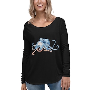 Watercolour Octopus Ladies&#39; Long Sleeve Tee - Octopus T-Shirt - Octopus Shirt - Octopus Gift - Octopus Lover Gift - Women&#39;s Watercolour Tee