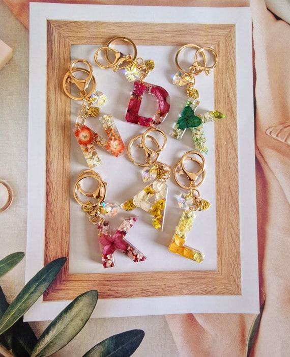 Custom Initial Resin Keychain  Handmade Dried Flower Alphabet