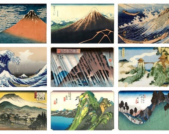 12 x Antique Japanese postcards by Katsushika Hokusai – a set of 12 reproduction art postcards -  premium-quality 300gsm matte photo card