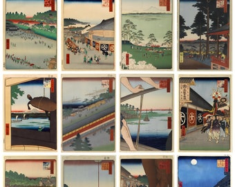 12 x Utagawa Hiroshige, 100 Famous Views of Edo (7), a set of 12 reproduction art postcards -  premium-quality 300gsm matte photo paper