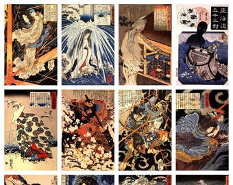 12 x Antique Japanese postcards by Utagawa Kuniyoshi (1) – a set of 12 reproduction art postcards, premium-quality 300gsm matte photo card