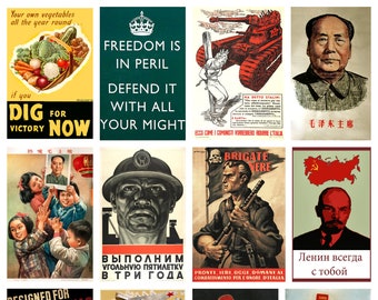 12 x Vintage wartime propaganda postcards – a set of 12 individual reproduction art postcards -  premium-quality 300gsm matte photo card