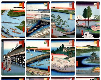 12 x Utagawa Hiroshige, 100 Famous Views of Edo (8), a set of 12 reproduction art postcards -  premium-quality 300gsm matte photo paper