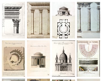 12 x Antique architectural postcards – a set of 12 reproduction art postcards -  premium-quality 300gsm matte photo paper, archival inks