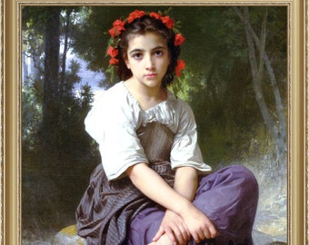 William Bouguereau, At the Edge of the Brook, 1875 - A4 / A3 reproduction fine art print. Heavyweight paper