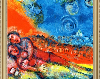 Marc Chagall, Couple on a Red Background, 1943, A4 / A3 reproduction fine art print. Heavyweight paper / real art canvas