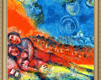 Marc Chagall, Couple on a Red Background, 1943, A4 / A3 reproduction fine art print. Heavyweight paper