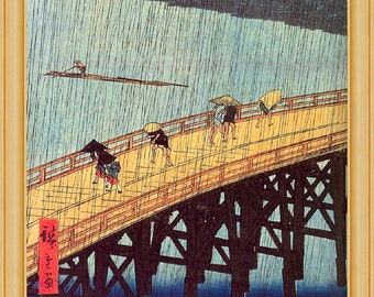 Meisho Yedo Hiakei -  Evening Shower at the Atake and the Great Bridge, 1856 woodblock print, A4 / A3 heavyweight art paper, archival inks