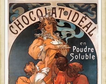 Alphonse Mucha Vintage Art Nouveau print, Chocolat Idéal 1897, A4 Heavyweight art paper, pigment archival inks