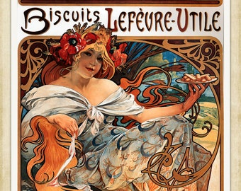 Alphonse Mucha Vintage Art Nouveau print, Biscuits Lefèvre-Utile, 1896, A4 / A3 Heavyweight art paper, pigment archival inks