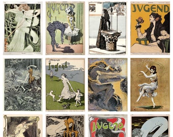 12 x Vintage Art Nouveau postcards (4) – a set of 12 1890s German Art Nouveau & 'Jugendstil' reproduction art postcards.