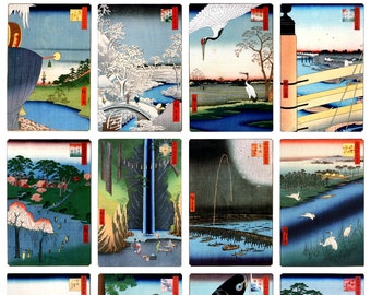 12 x Utagawa Hiroshige, 100 Famous Views of Edo (1), a set of 12 reproduction art postcards -  premium-quality 300gsm matte photo paper