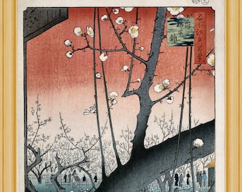 Utagawa Hiroshige - Plum orchard at Kameido Shrine, 1857, Japanese woodblock print, A4 / A3 heavyweight art paper, archival inks
