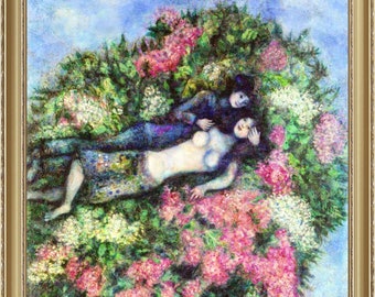 Marc Chagall, Lovers in the Lilacs, 1930, A4 / A3 reproduction fine art print. Heavyweight paper / real art canvas