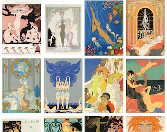 12 x George Barbier postcards – a set of 12 reproduction art postcard-sized mini-prints -  premium-quality 300gsm matte photo card