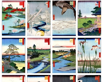 12 x Utagawa Hiroshige, 100 Famous Views of Edo (5), a set of 12 reproduction art postcards -  premium-quality 300gsm matte photo paper