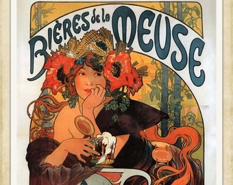 Alphonse Mucha Vintage Art Nouveau print, Bières de la Meuse 1897, A4 / A3 Heavyweight art paper, pigment archival inks