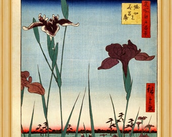 Ando Hiroshige - Horikir Iris Garden, 1857 - Gravure sur bois japonaise du 19ème siècle, papier d’art lourd A4 / A3, encres d’archives