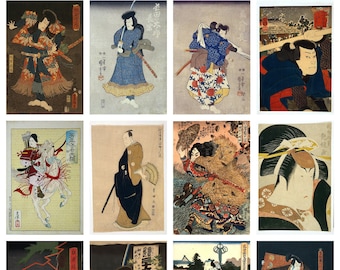 12 x Antique Samurai postcards (1) a set of 12 individual 19th century reproduction art postcards - premium quality 300gsm matte photo card