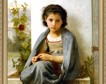 William Bouguereau, The Little Knitter, 1882 - A4 / A3 reproduction fine art print. Heavyweight paper