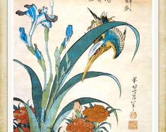 Kingfisher with Lilies - artist unknown - 19th century Japanese woodblock print, A4 / A3 heavyweight art paper, archival inks