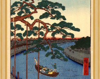 Ando Hiroshige - Five Pines Onagi Canal 1856 - 19th c Japanese woodblock print, A4 / A3 heavyweight art paper, archival inks