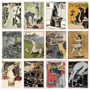 12 x vintage art nouveau-briefkaarten (4) – een set van 12 Duitse art nouveau- en jugendstilreproductiepostkaarten uit de jaren 1890.